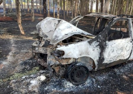 BATAYPORÃ: Picape pega fogo após motorista perder controle e bater em árvores