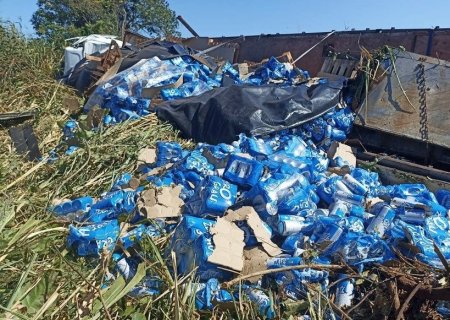 Carreta que transportava cerveja tomba na MS-276