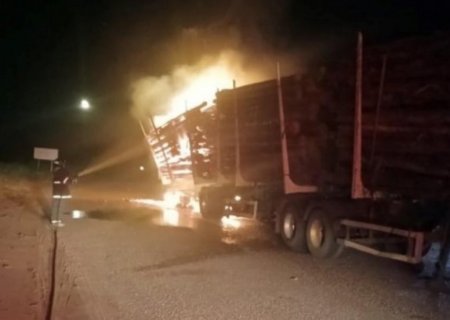 Carreta carregada com eucalipto pega fogo e interdita rodovia em MS